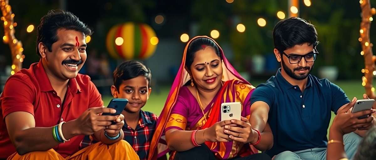 Somajiguda Superstars - Family Gaming Experience Indian family playing Somajiguda Superstars together on mobile phones during Diwali vacation